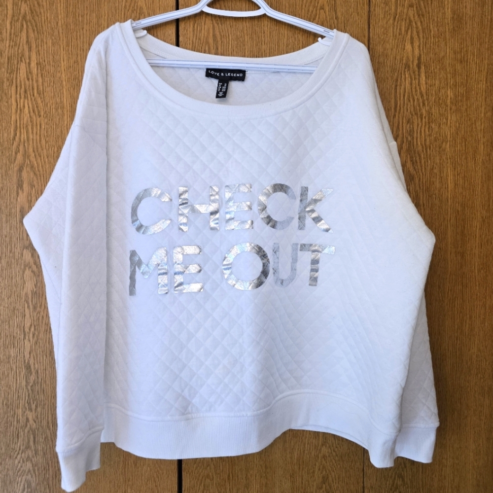 White Quilted Sweatshirt with Silver Text, GUC, Size 2X